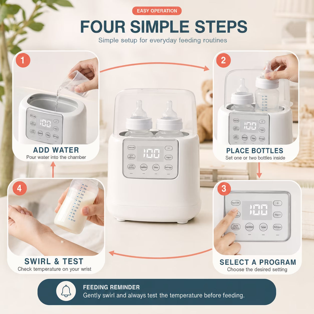 Baby Bottle Warmer, 9-In-1 Portable Bottle Warmer with LCD Display, Double Bottles Fast Milk Warmer, White