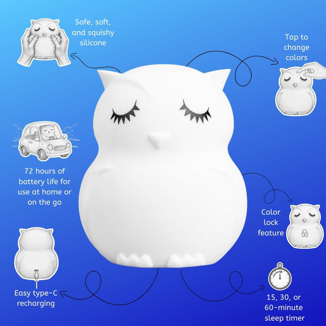 Owl Squishy Night Light for Kids, Silicone Lamp with Remote